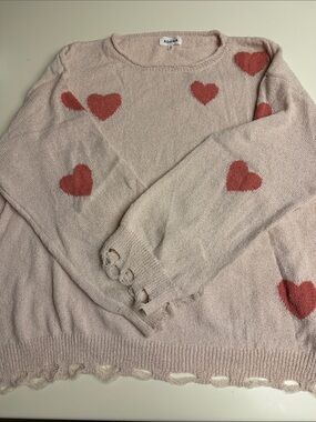 ADORA Blush Pink Crewneck Sweater with Rust Heart Motifs 3X